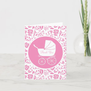 Vintage-Kinderwagen-Baby-Party Süße rosa Mädchen Dankeskarte