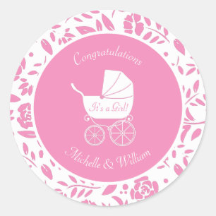 Vintage-Kinderwagen-Baby-Party Süße rosa Mädchen Runder Aufkleber