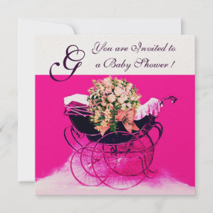 VINTAGE-KINDERWAGEN MIT BLUMEN BABY-SPRITZE MONOGR EINLADUNG