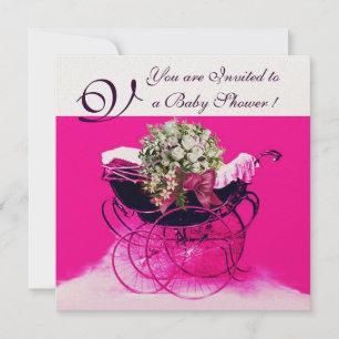 VINTAGE-KINDERWAGEN MIT BLUMEN BABY-SPRITZE MONOGR EINLADUNG