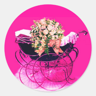 VINTAGE-KINDERWAGEN MIT BLUMEN BABY-SPRITZE RUNDER AUFKLEBER