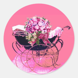 VINTAGE-KINDERWAGEN MIT BLUMEN BABY-SPRITZE RUNDER AUFKLEBER