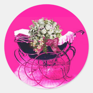 VINTAGE-KINDERWAGEN MIT BLUMEN BABY-SPRITZE RUNDER AUFKLEBER