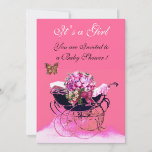 VINTAGE-KINDERWAGEN MIT BLUMEN, SCHMETTERLINGE BAB EINLADUNG