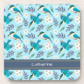 Vintage Kingfisher Birds Blumenmuster Blauer Name Getränkeuntersetzer (Vorderseite)