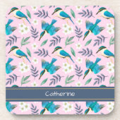 Vintage Kingfisher Vogelarten Blumenmuster Rosa Na Getränkeuntersetzer (Vorderseite)