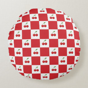 Vintage Kirsch-Gingham: Coquette Cottagecore Rundes Kissen