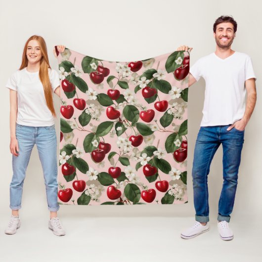 Vintage-Kirschblüten-Botanik-Rosa-Rot-Muster Fleecedecke (Beispiel)