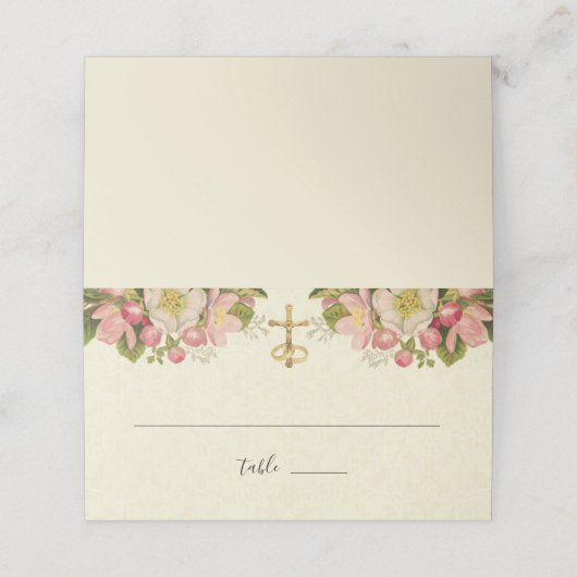 Vintage Kirschblüten Elegante katholische Hochzeit Platzkarte (Außenseite Aufgefaltet)