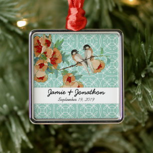 Vintage Kirschblüten-Liebesvogel Pfirsich-Minze Silbernes Ornament