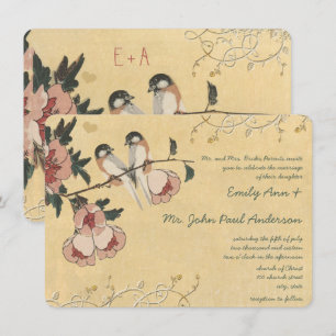 Vintage Kirschblüten Meise Damast-Hochzeit Einladung