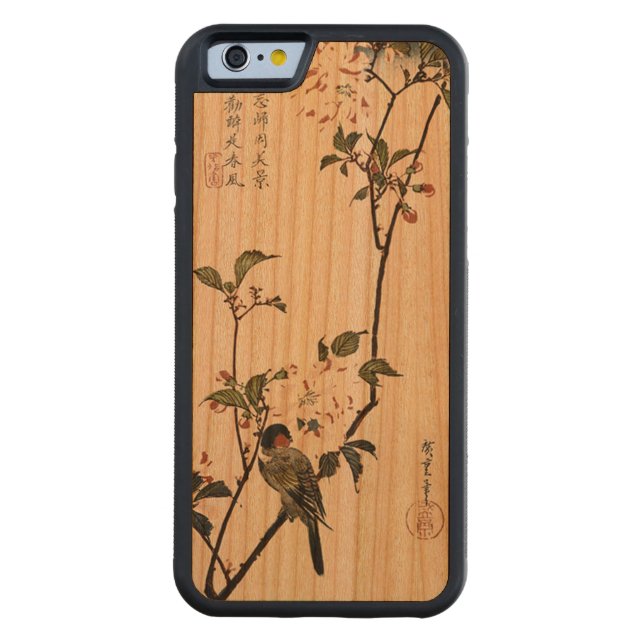 Vintage Kirschblüten u. -vogel Carved Wood iPhone Hülle (Rückseite)