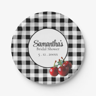 Vintage-Kirschen Schwarz-Weiß-Gingham Pappteller