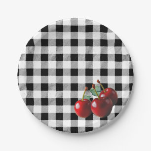 Vintage-Kirschen Schwarz-Weiß-Gingham Pappteller