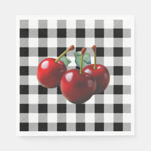 Vintage-Kirschen schwarz weiß Gingham Serviette
