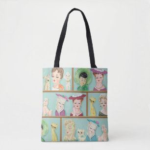 Vintage Kitsch Damenkopfvasen mit Katzen und Hunde Tasche