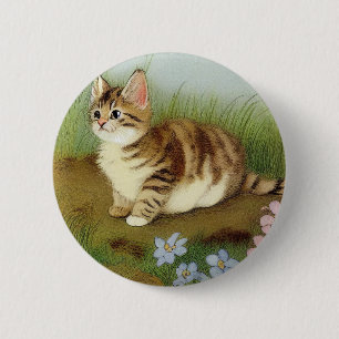 Vintage Kitten Illustration mit Blume Button