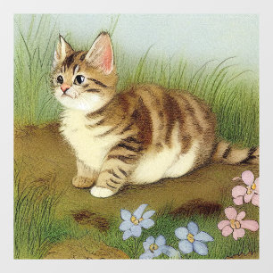 Vintage Kitten Illustration mit Blume Fensteraufkleber
