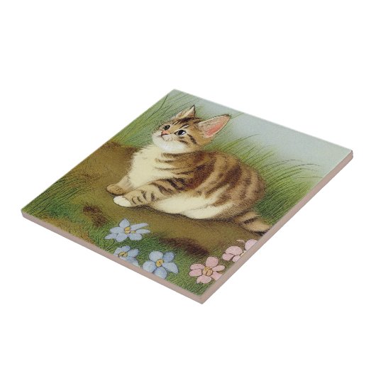 Vintage Kitten Illustration mit Blume Fliese (Seite)