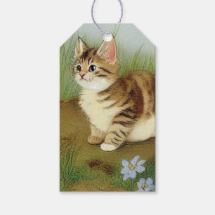 Vintage Kitten Illustration mit Blume Geschenkanhänger