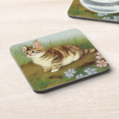 Vintage Kitten Illustration mit Blume Getränkeuntersetzer (Linke Seite)