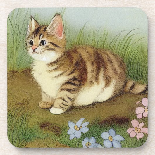 Vintage Kitten Illustration mit Blume Getränkeuntersetzer (Vorderseite)