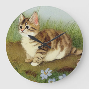 Vintage Kitten Illustration mit Blume Große Wanduhr