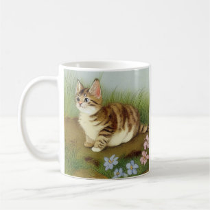 Vintage Kitten Illustration mit Blume Kaffeetasse