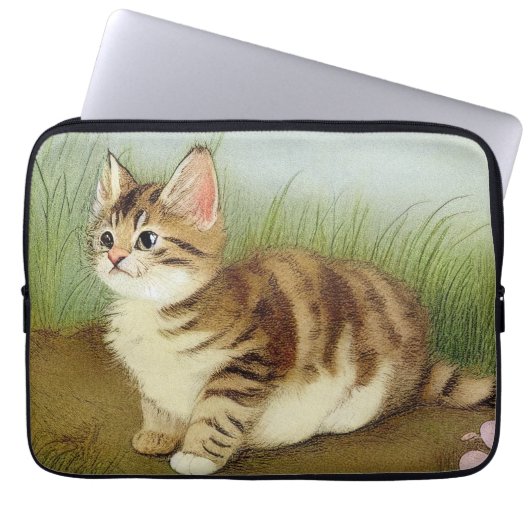 Vintage Kitten Illustration mit Blume Laptopschutzhülle (Vorderseite)
