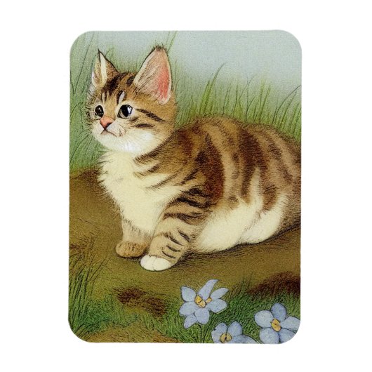 Vintage Kitten Illustration mit Blume Magnet (Vertikal)