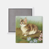 Vintage Kitten Illustration mit Blume Magnet (Vorderseite/Rückseite)
