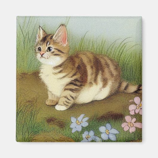 Vintage Kitten Illustration mit Blume Magnet (Vorne)