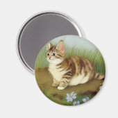 Vintage Kitten Illustration mit Blume Magnet (Vorderseite/Rückseite)