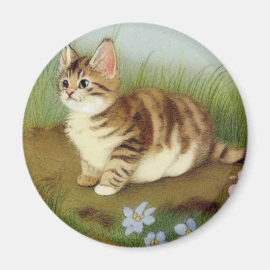 Vintage Kitten Illustration mit Blume Magnet (Vorne)