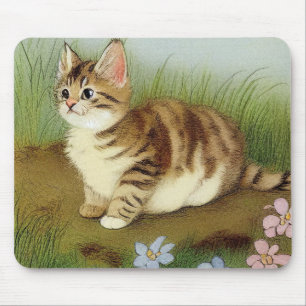 Vintage Kitten Illustration mit Blume Mousepad