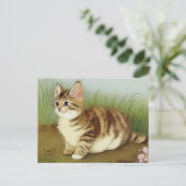 Vintage Kitten Illustration mit Blume Postkarte (Stehend Vorderseite)