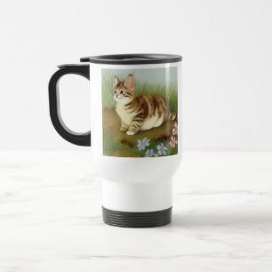 Vintage Kitten Illustration mit Blume Reisebecher