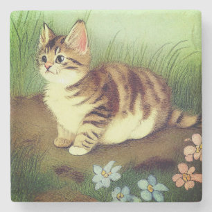 Vintage Kitten Illustration mit Blume Steinuntersetzer