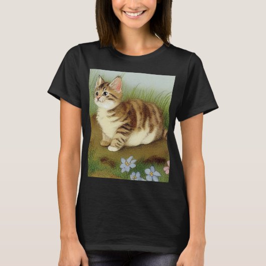 Vintage Kitten Illustration mit Blume T-Shirt (Vorderseite)