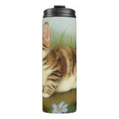 Vintage Kitten Illustration mit Blume Thermosbecher (Vorderseite)