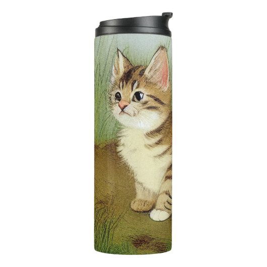 Vintage Kitten Illustration mit Blume Thermosbecher (Nach links gedreht)