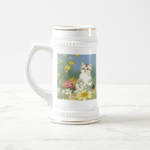 Vintage Kitten Illustration mit gelben Blumen Bierglas