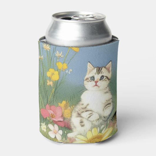 Vintage Kitten Illustration mit gelben Blumen Dosenkühler (Kanne Vorderseite)