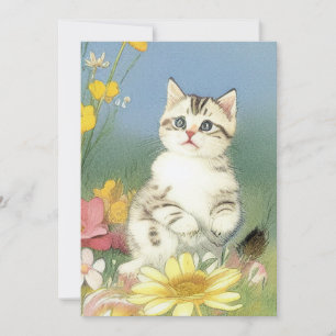 Vintage Kitten Illustration mit gelben Blumen Einladung