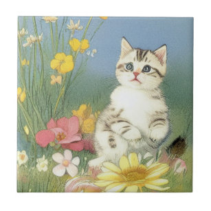 Vintage Kitten Illustration mit gelben Blumen Fliese