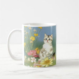 Vintage Kitten Illustration mit gelben Blumen Kaffeetasse