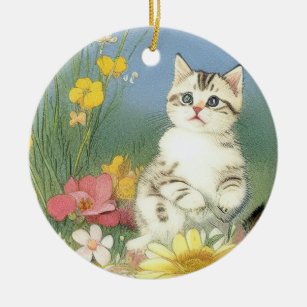 Vintage Kitten Illustration mit gelben Blumen Keramik Ornament