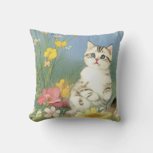 Vintage Kitten Illustration mit gelben Blumen Kissen