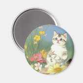 Vintage Kitten Illustration mit gelben Blumen Magnet (Vorderseite/Rückseite)