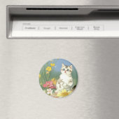 Vintage Kitten Illustration mit gelben Blumen Magnet (In Situ (Geschirrspüler))